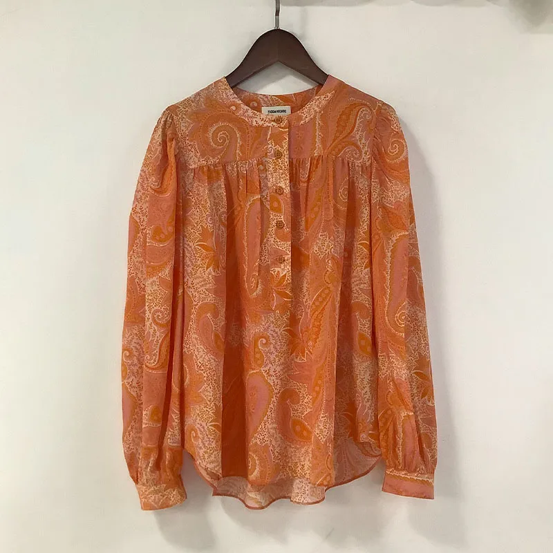 

Zadig Casual Blouses Shirts Women Chic Orange Casual Crew Neck Casual Silk Blouse Tops Female Elegant Botton Summer Shirt Tops