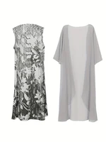 Plus Size 2025 Autumn New Women's Floral Printed Long Dress Printed Pattern Two-piece Dress Round Neck Temperament Elegant Dress - Image 3