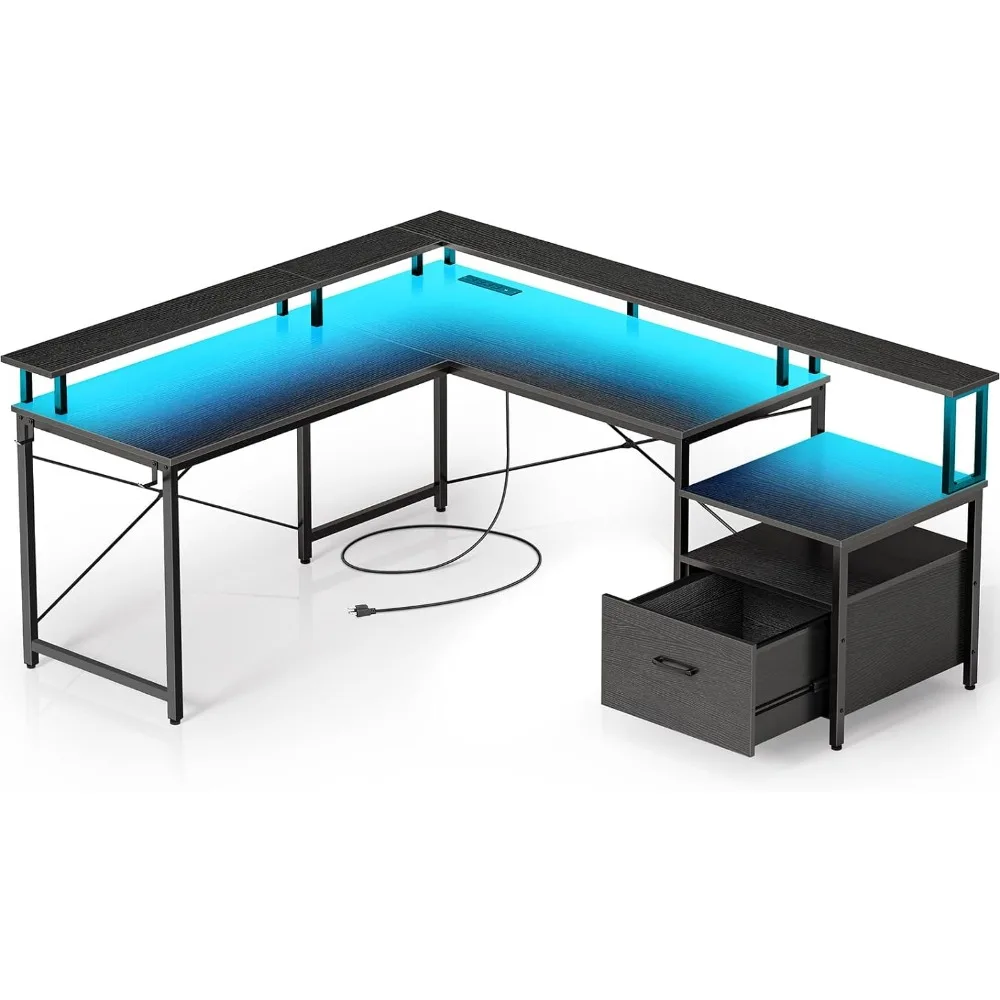 

Computer Desk with File Drawer, 68" L Shaped Computer Corner Desk with Power Outlet & LED Strip, Home Office Desk, Black