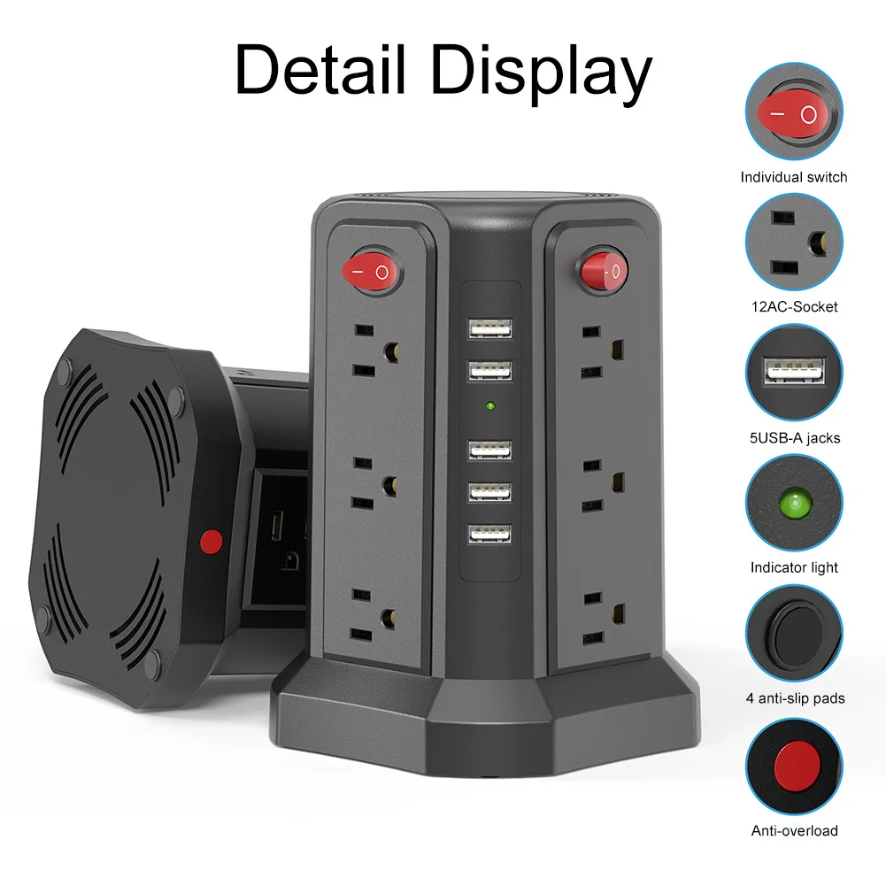 미국형 멀티탭 12구 콘센트 5개 USB 포트 포함 1250W 10A 범용 소켓 1.8m 연장 코드 가정 및 사무실용