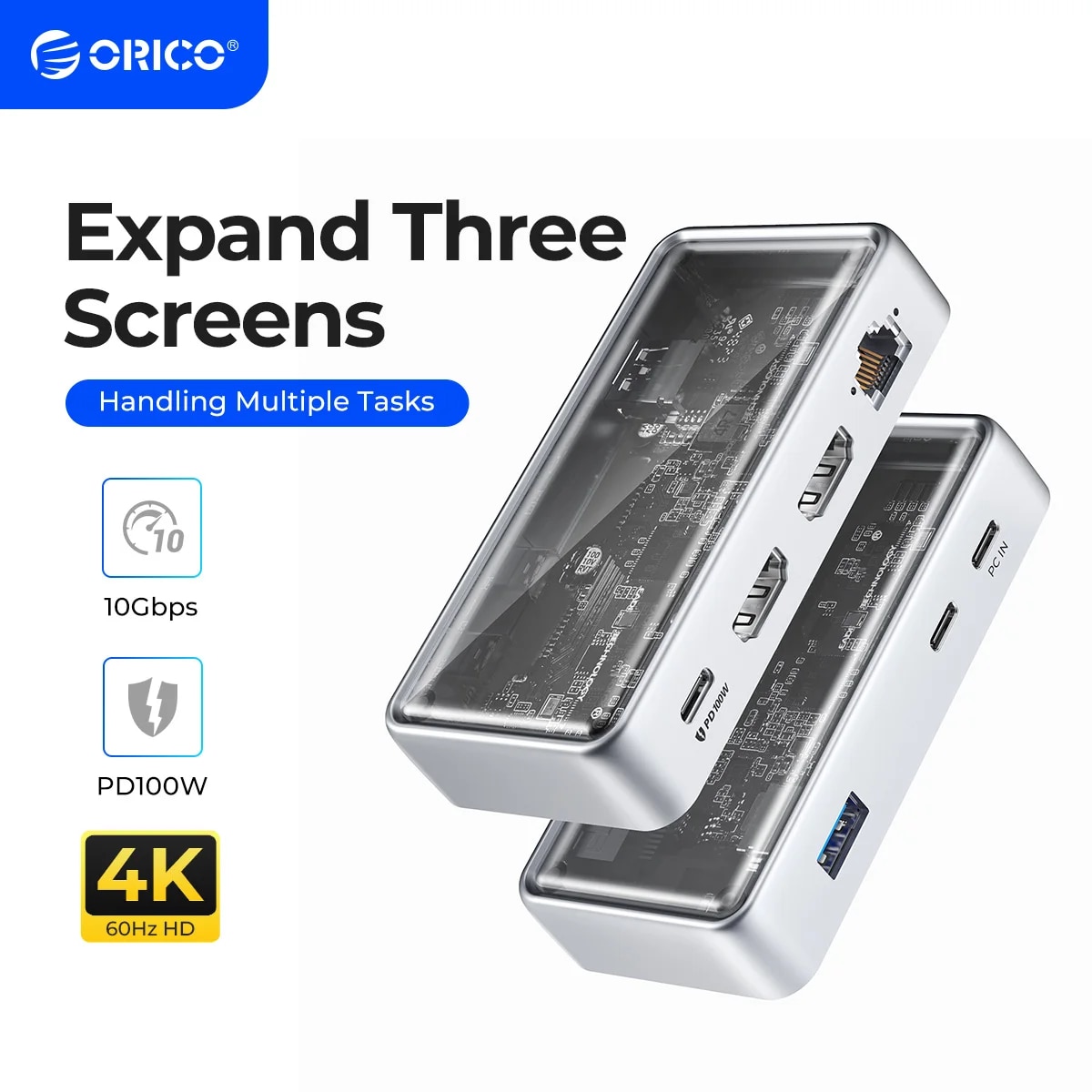 ORICO-Metallic Docking Station USB C 10Gbps 4K60Hz HDMI-Compatible,USB 3.0 ARJ45 for Macbook Pro, Laptop Accessorie