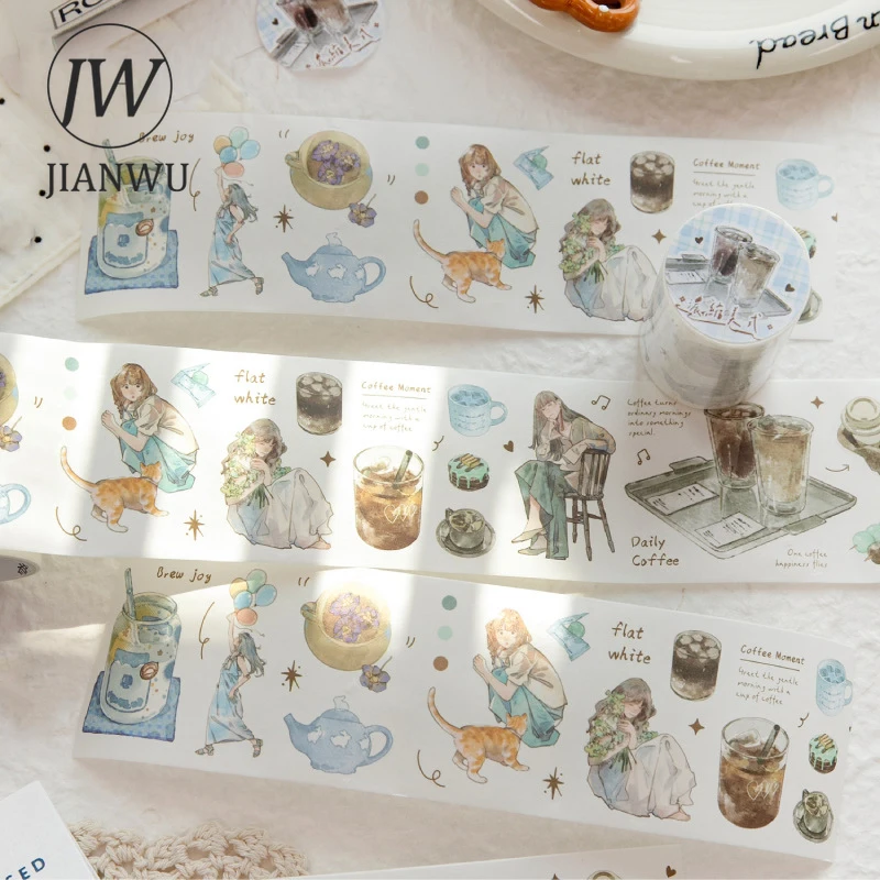 JIANWU 커피 루틴 시리즈 빈티지 캐릭터 빵 커피 풍경 소재 콜라주 와시 ..