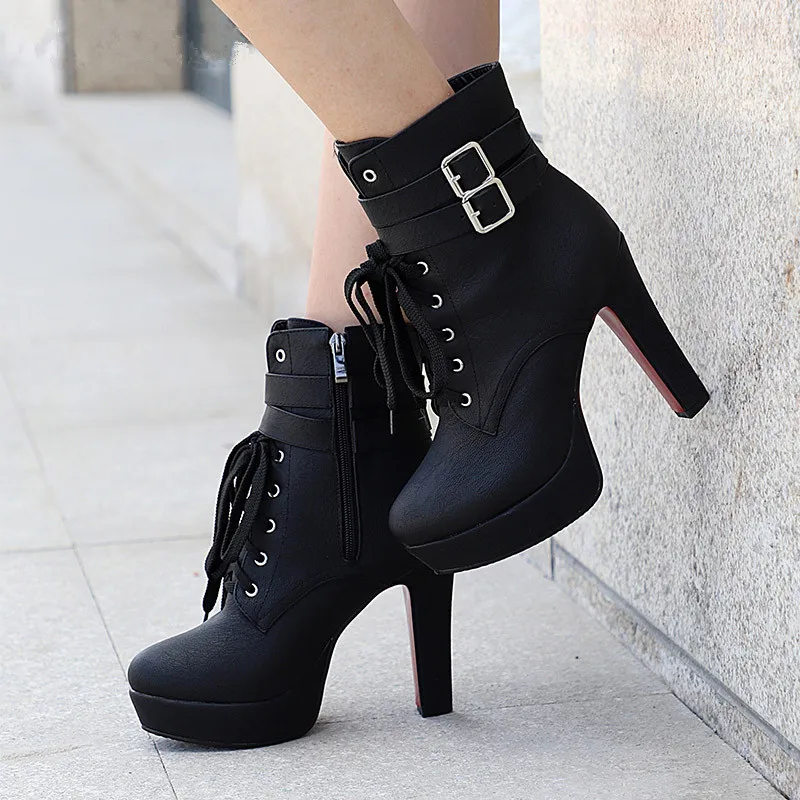 

Women Fashion High Heels Lace Up Ankle Boots Female Zip Double Buckle Sexy Party Dress Pump Woman Platform Shoes