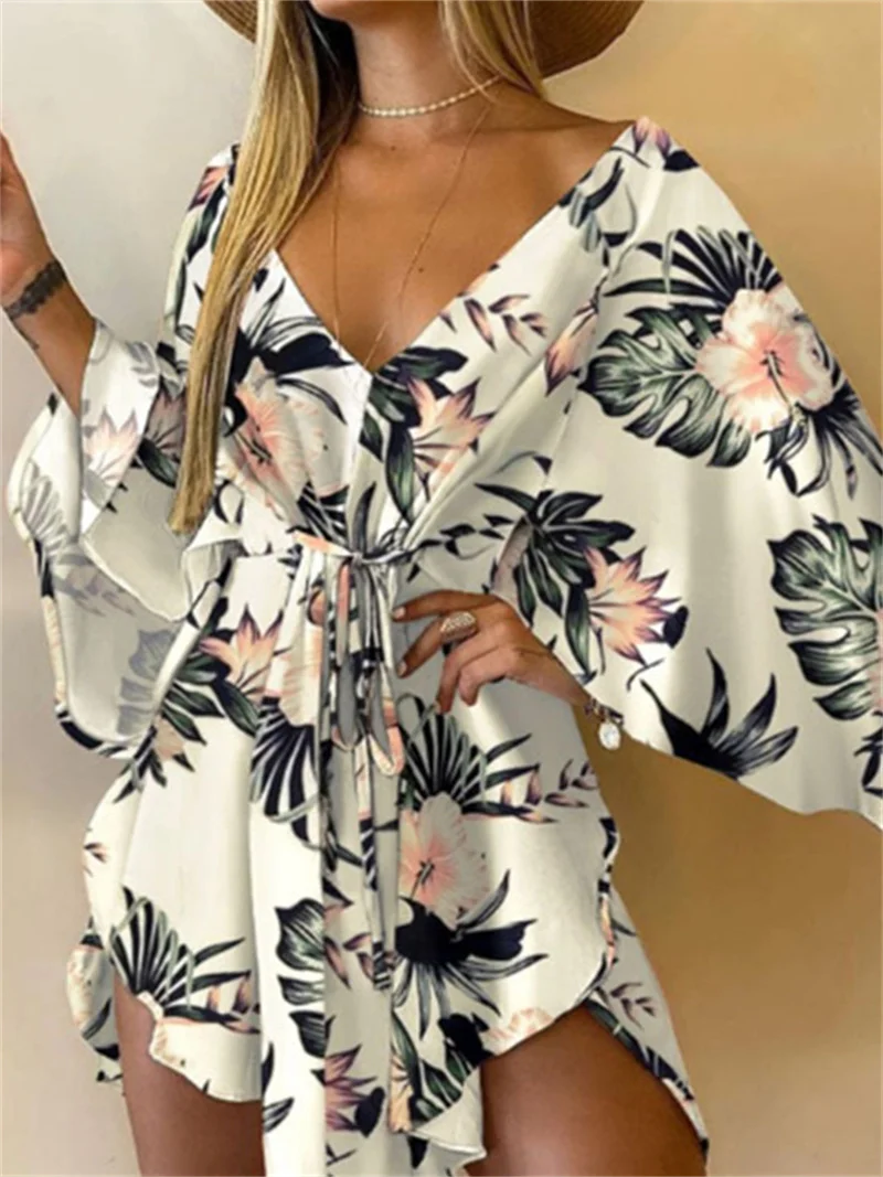 Women Print Dress Sexy V-Neck Bat Sleeve Ruffl Flowers Print Bohemian Beach Sundress Ladies Loose Summer Vacation Mini Dresses - Image 6