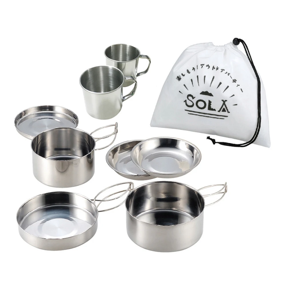 

8Pcs/set Camping Tableware Cooking Set Stainless Steel Outdoor Cookware Pan Pot Bowl Cup Hiking Picnic Utensils Travel Tools New