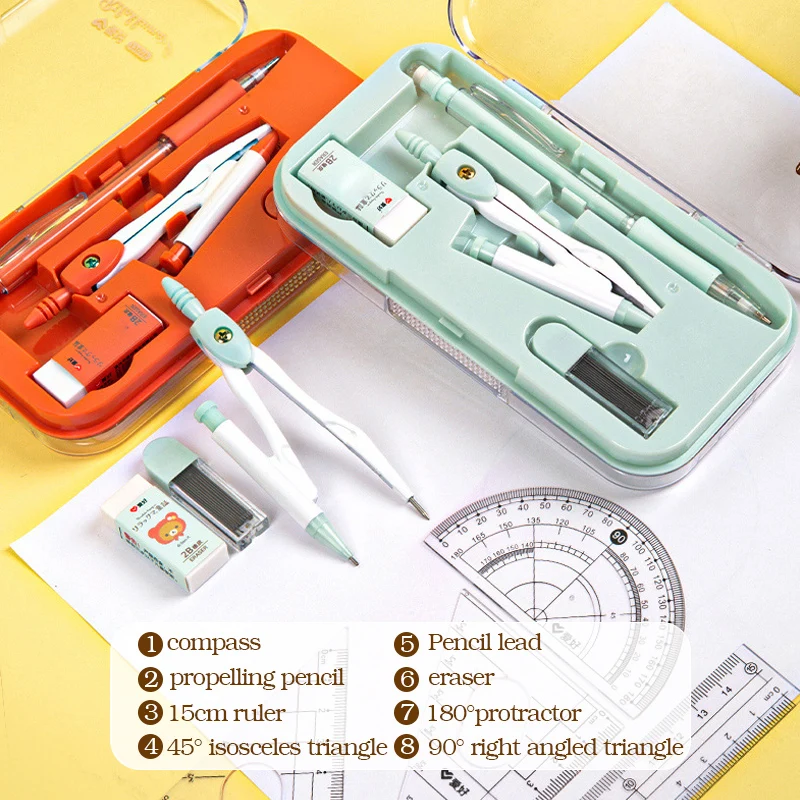 8 In1 Drawing Ruler Compass Set,With Ruler Protractor Compass Eraser Refill & Storage Box,Math For Students Stationery Accessori