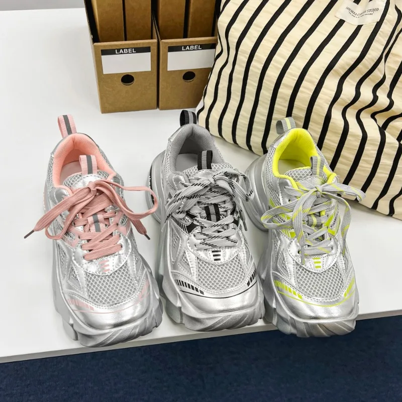 Chunky Sneakers Women Synthetic Leather Round Toe Lace-Up Thick Sole Ladies Shoes Handmade Breathable Ladies Shoes