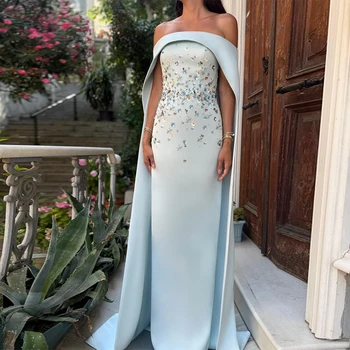 Luxurious Evening Dress Baby Blue Off the Shoulder Cape Column Evening Gowns for Women Sequins Beading Elegant Formal Dresses 1