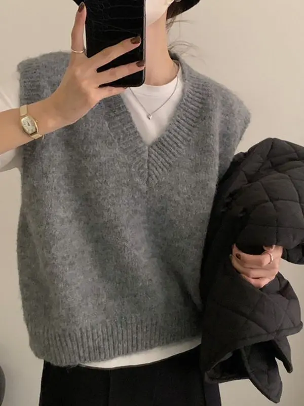 여성용 V넥 니트 오피스 스웨터 조끼, 루즈 캐주얼 풀오버 조끼, 보터밍 솔리드 스웨터 조끼, 2023 가을 겨울 