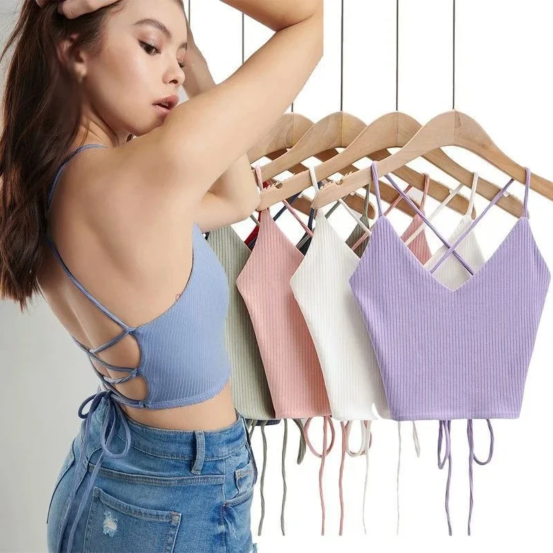 Women's Halter Tops Lace-up Tie Back Ribbed Knit Tank Tops Sleeveless Crop Tops for Teengirls 2024 Summer Sexy Club Outfit