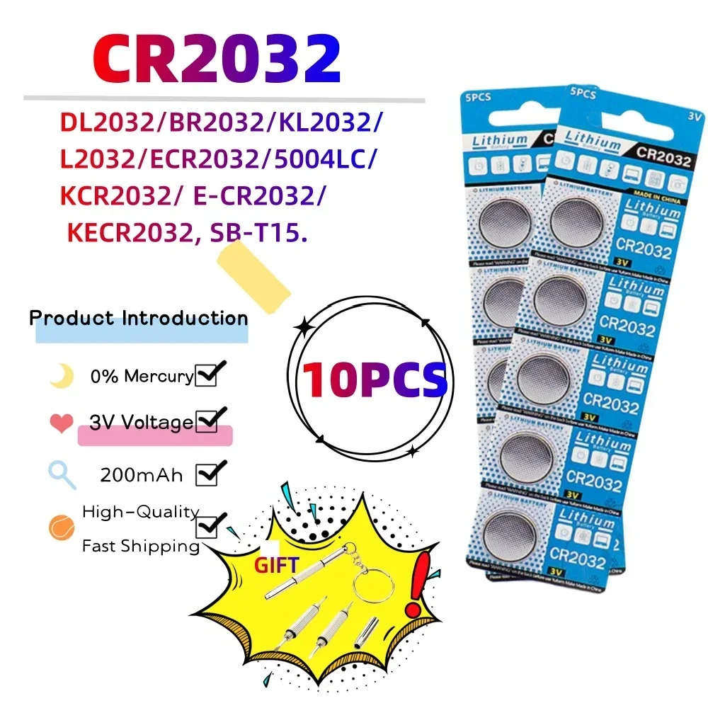 

10PCS 3V CR2032 Button Batteries 200mAh CR 2032 DL2032 KL2032 BR2032 Lithium Cell Coin Watch Car key toys Battery free shipping