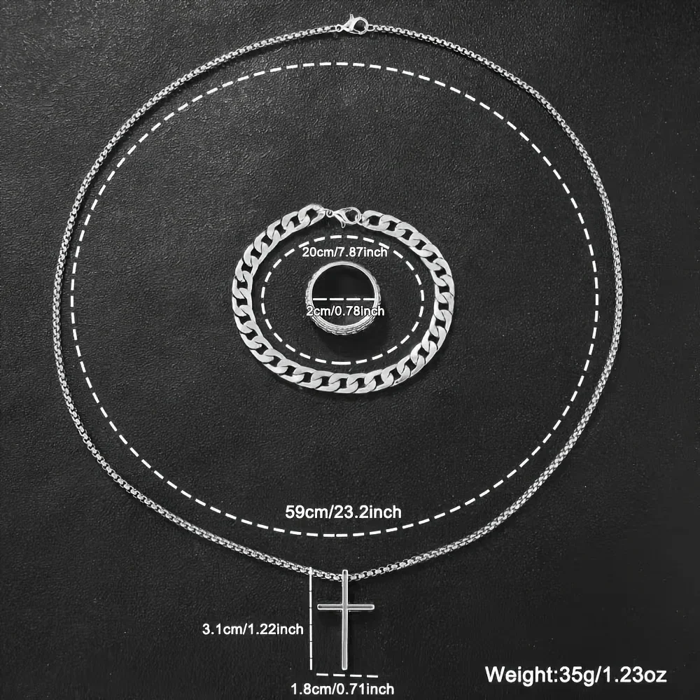 3pcs-New Stainless Steel Cross Cuban Chain Bracelet necklace ring Set for Men Hip Hop Punk Snake Chain Bracelets Fashion Unisex