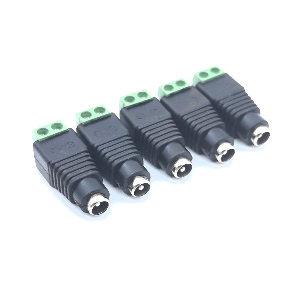 Pack of 5 Pairs: Male and Female Solderless DC Power Plugs with 5.5x2.1mm Green Terminal