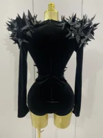 2025 New Shiny Black Rhinestone Velvet Long Sleeve Bodysuit Women Evening Party Club Gala Hosts NightClub Bar Stage Costumes - Image 3