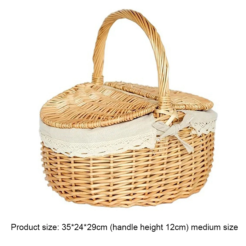 Cloth Lined Basket Vintage Woven Picnic Basket With Lid 26x18x14cm Wicker Hamper For Outdoor Adventures 833846