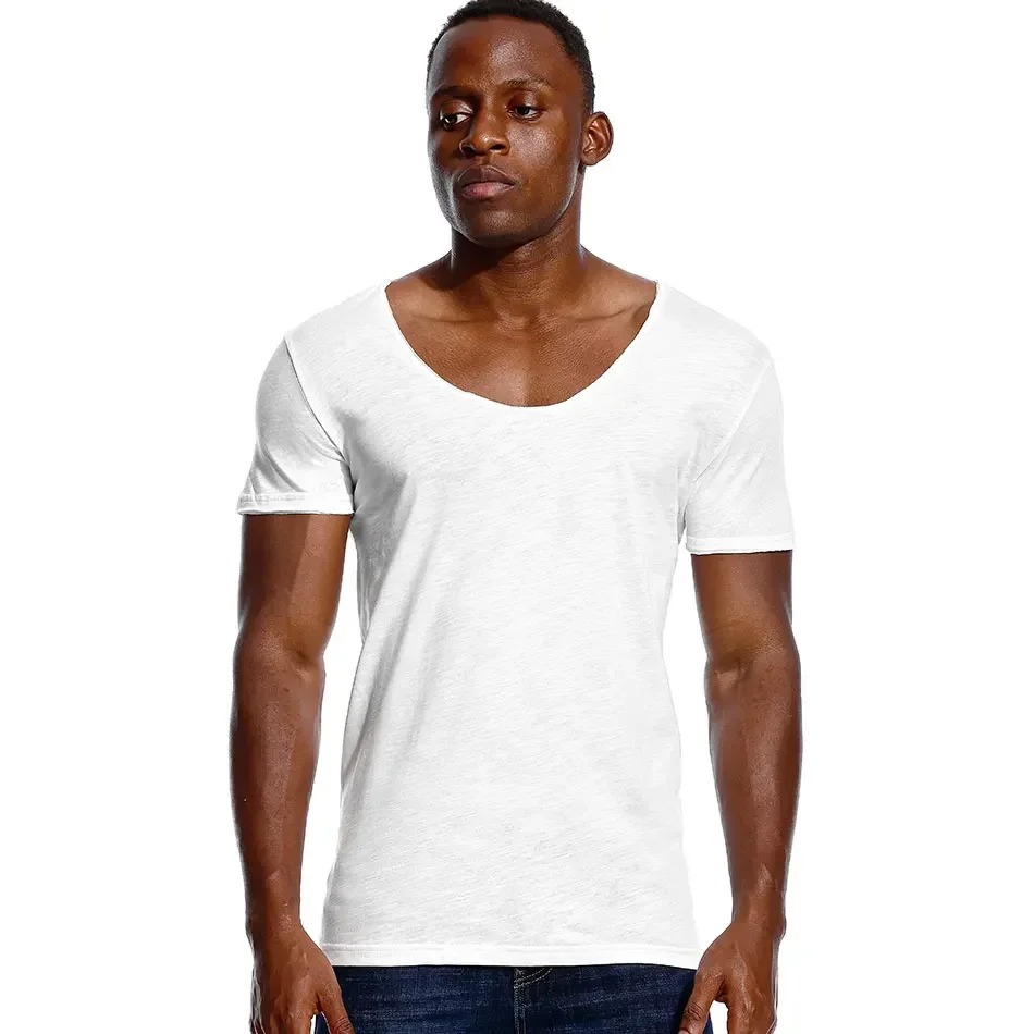 

A2461 Deep V Neck Slim Fit Short Sleeve T Shirt for Men Low Cut Stretch Vee Top Tees Fashion Male Tshirt Invisible Casual