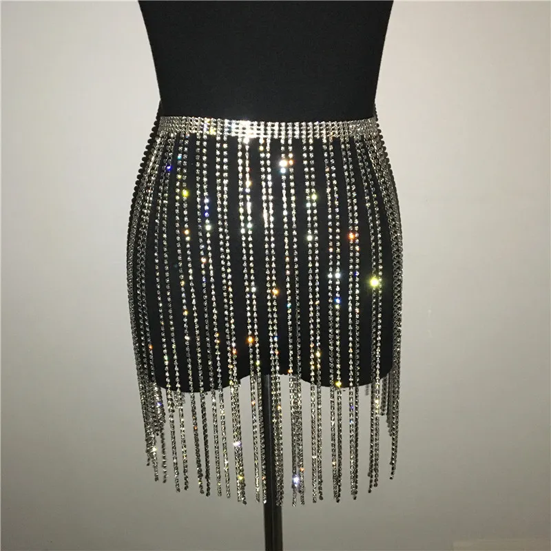 Hurly Burly Fringe Belt Skirt Silver Rhinestone Tassel Skirt Plus