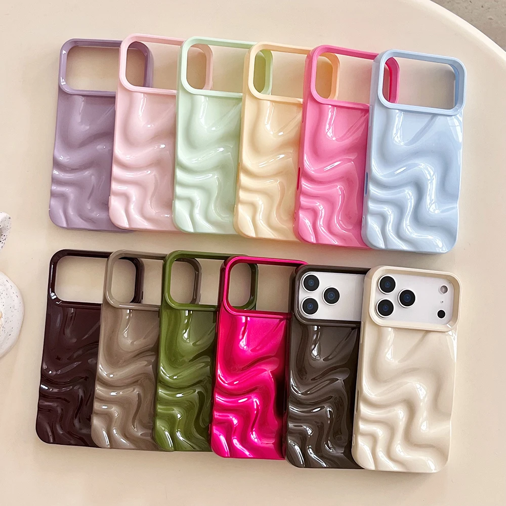 Glänzende, einfarbige 3D-Handyhülle mit Wasserwellenmuster für iPhone 17, Air 16, 15, 14, 13, Pro Max, stoßfeste, weiche Rückseite