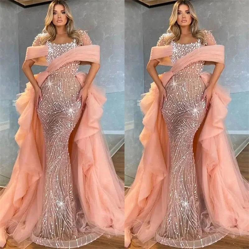 

Pink Pearls Mermaid Prom Dress Crystals Sequins Luxury Evening Gowns Overskirt Lace Up Back Party Red Carpet Wear Custom Made