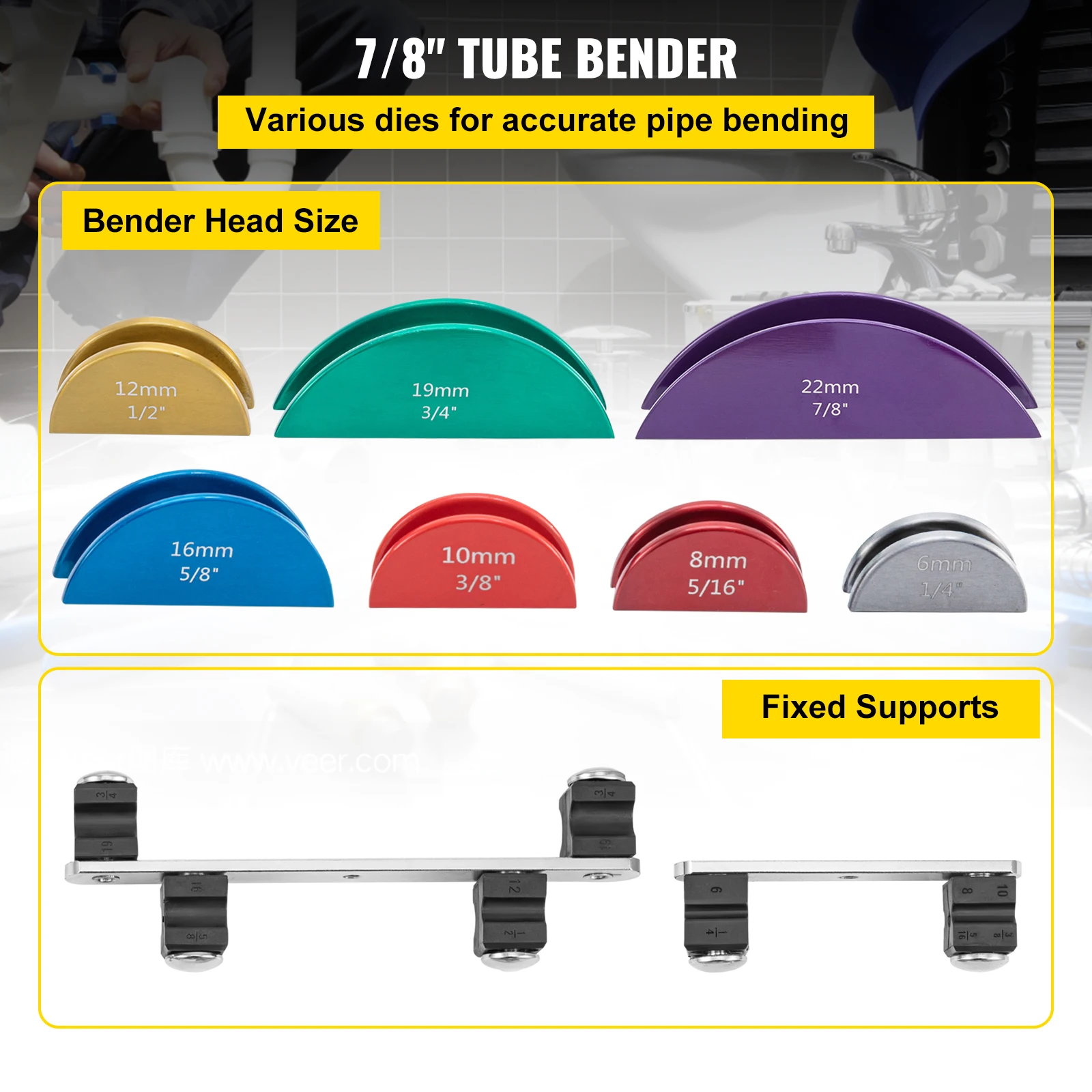 Tube Bender VEVOR HVAC Refrigeration Manual Copper Ratcheting Pipe Bender Kit with 7 Dies 8-22mm 90&deg;