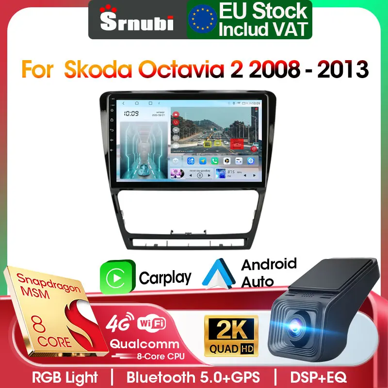 Radio samochodowe Srnubi do Skoda Octavia2 A5 Bezprzewodowy Carplay Android Auto Mirror Link BT Nawigacja GPS Jednostka główna