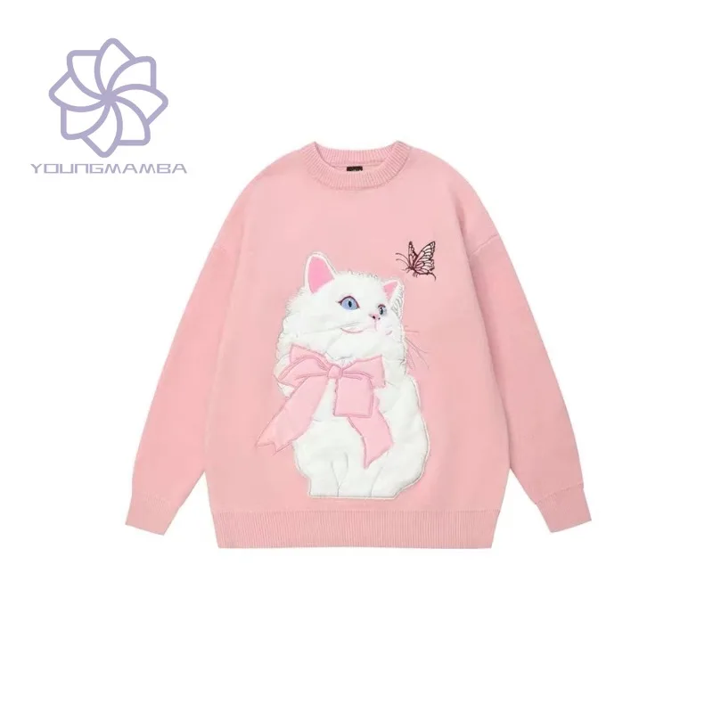 

Spring Autumn Cute Cat Knit Pullovers for Women 2023 New Loose Long Sleeve Crew Neck Sweater Women's Knit Top