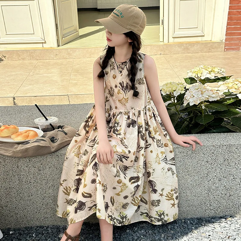 Teens Girls Summer Dress Sleeveless Stylish Floral Princess Dresses for Kids Casual Daily Beach Sundress Children Clothes