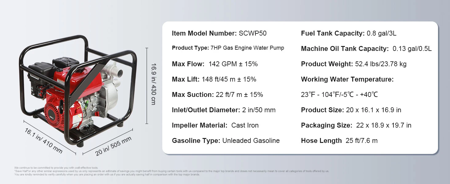 SucceBuy Gasoline Engine Water Pump 7HP 142 / 265 GPM 22ft Suction 4-Stroke Gas Powered Trash Water Transfer Pump Irrigation Use