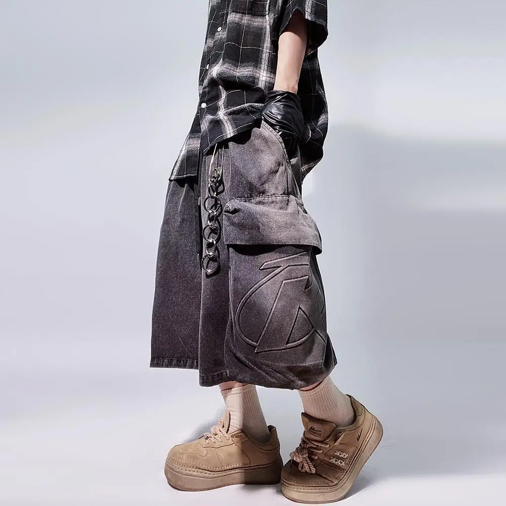 Y2k Summer New Shorts Mens Loose Retro Hip Hop Wide Leg Sweatpants Oversized Pocket Letter Pattern Denim Gym Shorts Streetwear