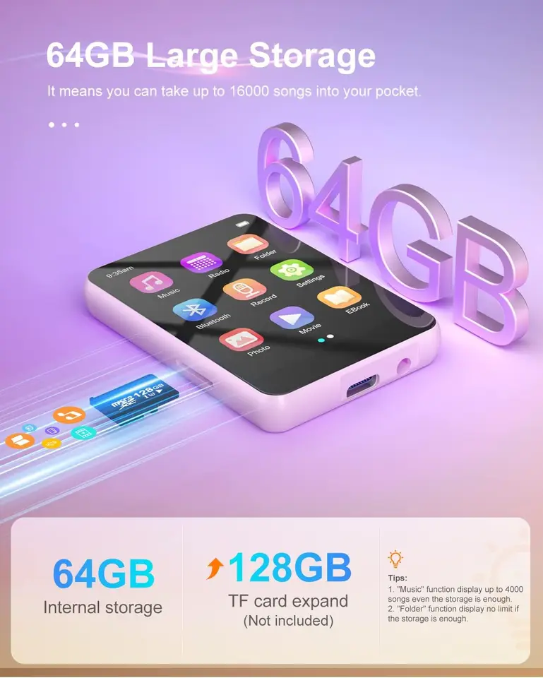 128GB MP3-spelers met Bluetooth 5.4, 2,4 inch Touchscreen MP3-speler met Luidspreker, Draagbare