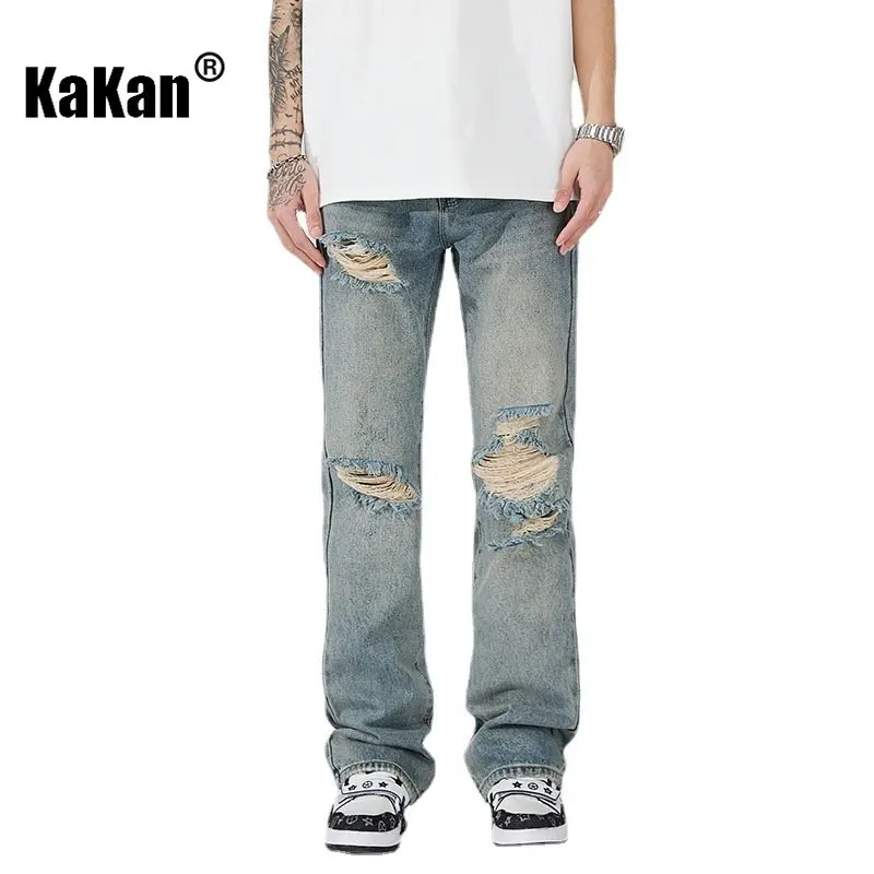 Kakan - New High Street Distressed Washed Old Jeans for Men, Trendy Hip Hop Loose Straight Length Jeans K24-ZLJLB0066