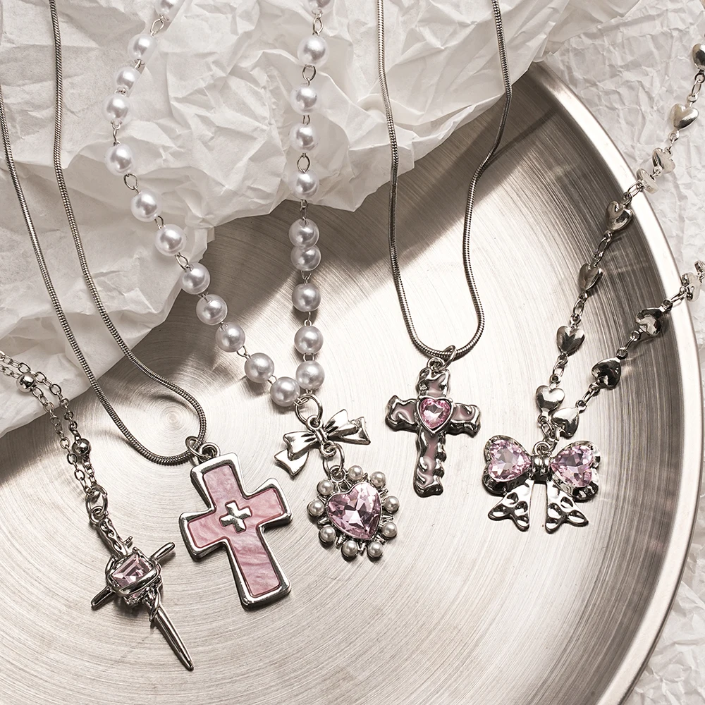 Y2K Sweet Cool Creative Inlaid Pink Love Zircon Bow Cross Pendant Necklace Set, Suitable for Women's Daily Wear, Small Jewelry G 1