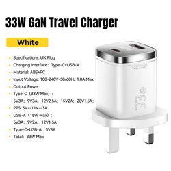 Essager 33W GaN USB - C Charger with Digital Display and Fast Charging Capability - White UK Plug