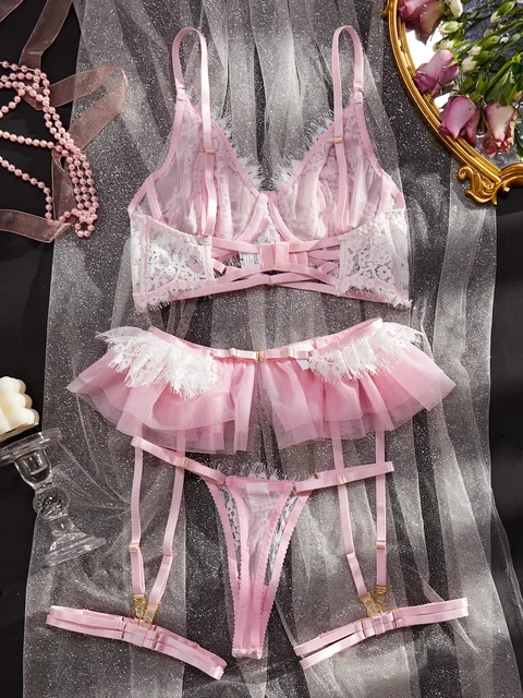 Lace Pleated Lingerie Four Piece Set 16