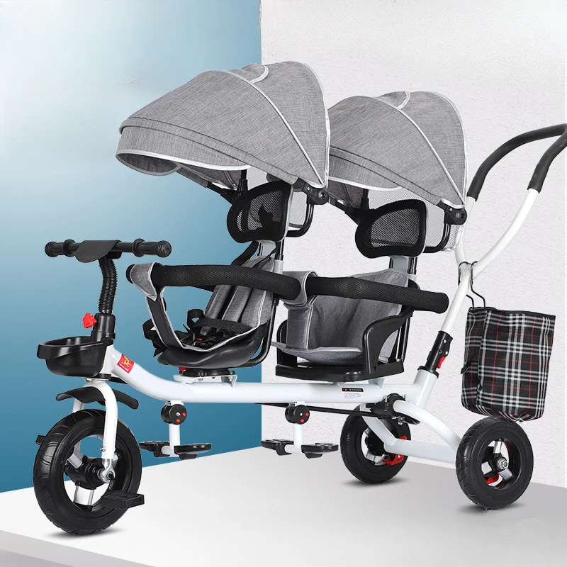 Children's Double Stroller Multifunctional Two-way Baby Stroller Twins Double Folding Three-wheel Car