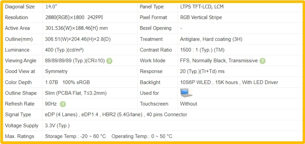 MNE007ZA1-3 Ʈ ÷ LCD ũ, ġ  IPS г, QHD, 2880x1800 EDP, 40 , 90Hz, SD11D19218, 5D11D19217, 14 ġ