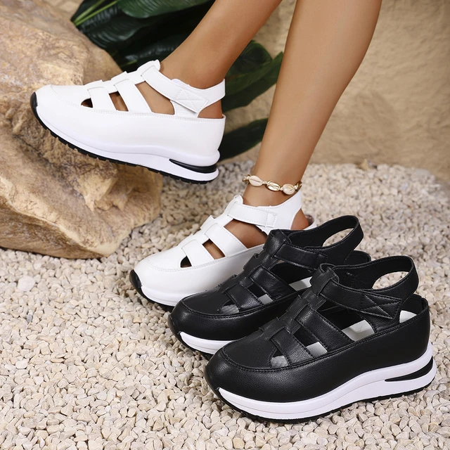 Sandales pour femmes été 2025 chaussures plate-forme compensée à talons hauts gladiateur confortable décontracté nouveau en luxe blanc bout rond en offre 1