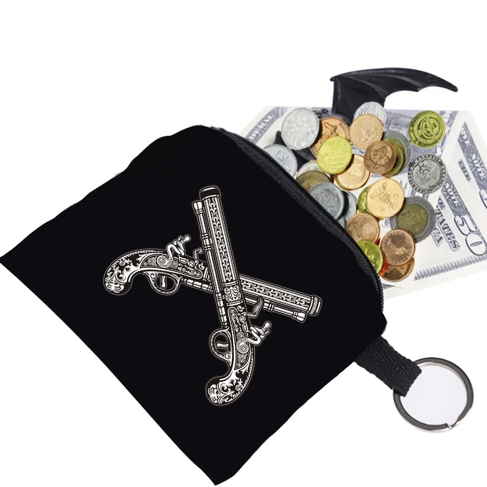 Coin Wallet Women Unisex Key Storage Bag Ring Buckle Zipper Black Canvas Skull Pattern Printing Series