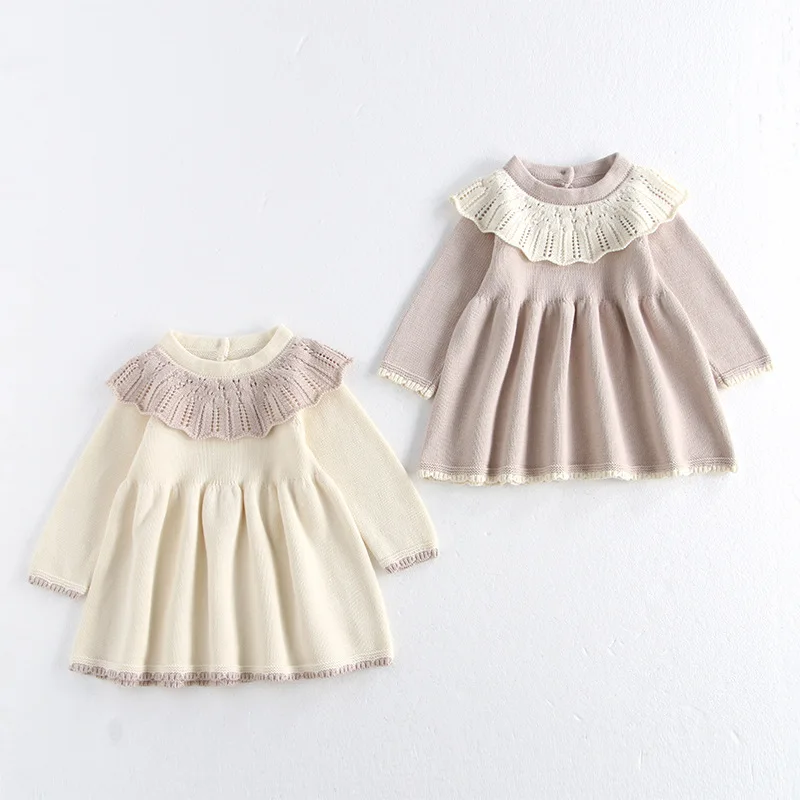 MiniAinis Autumn Winter New Baby Knitted Long Sleeve Sweater Girls 0-neck Lotus Leaf Edge Knit Dress Girl Cotton Sweet Clothes 1