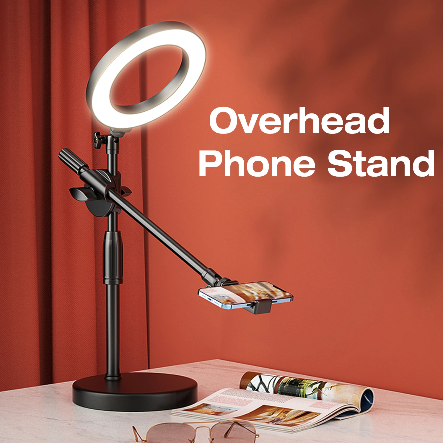 NULIER Overhead Phone Mount with 10" Selfie Ring Light 3 Lighting Mode for Video Recording Live Streaming