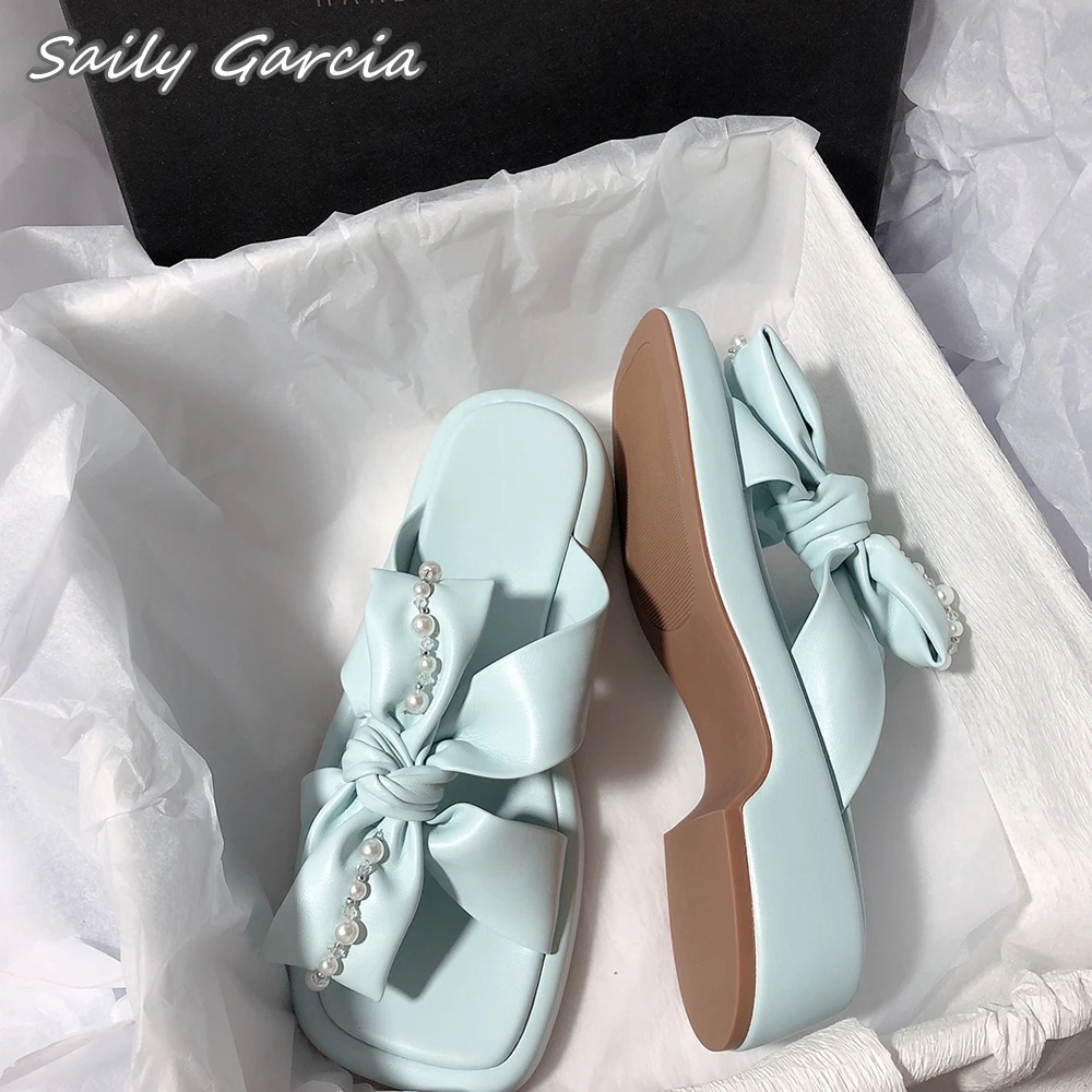 Open Toe With Pearl Butterfly Knot All-Match Slippers 2024 Summer Soft Bottom Outdoor Sandals Sweet Grace Hollow Casual Shoes