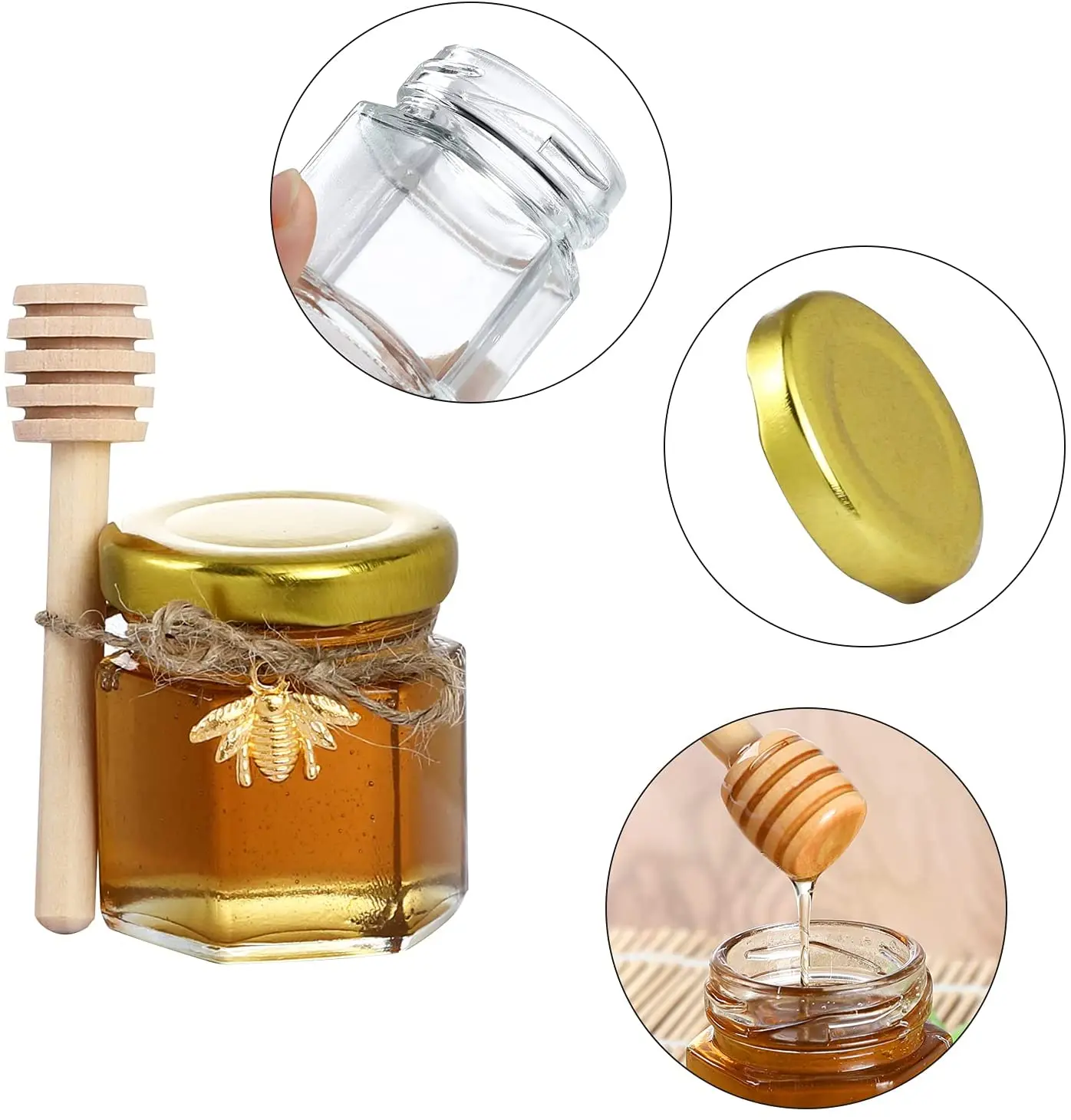 20PCS 1.5OZ Honey Glass Hexagonal Party Favors Empty  Bee Pendants Gold Lid Mini Hexagons Glass Honey Jar With Wooden Dipper