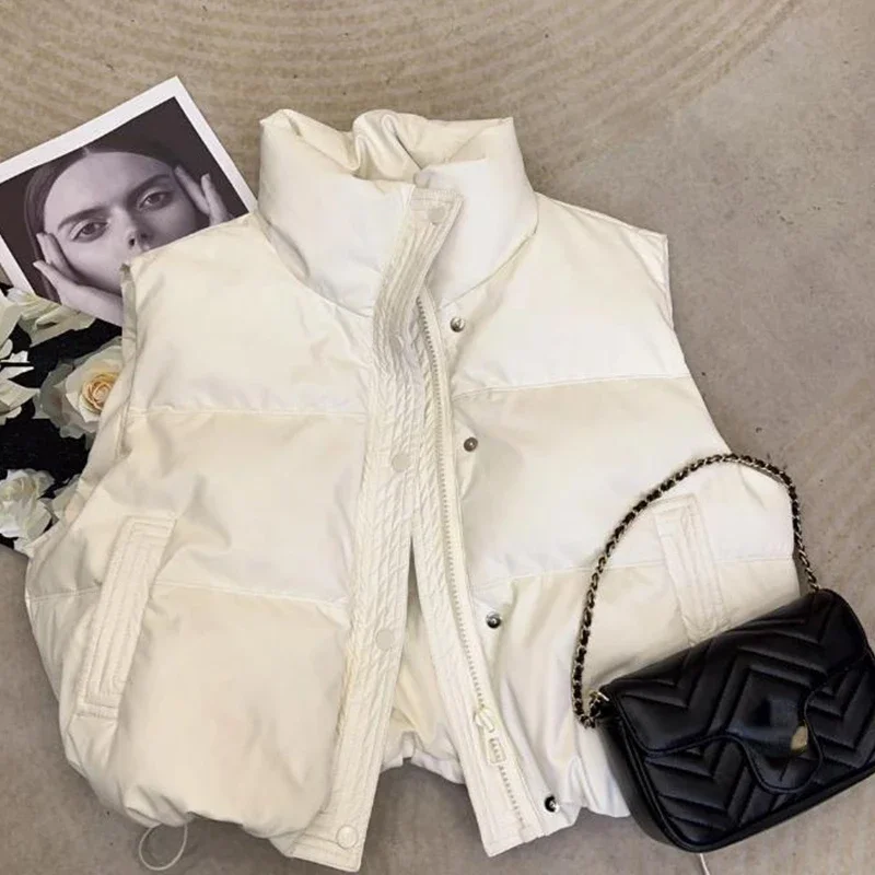 Korean Style Winter Female Vest Coats Sleeveless Stand Collar Zipper Button Fly Women's Cotton Jackets Solid Color Ladies Vests