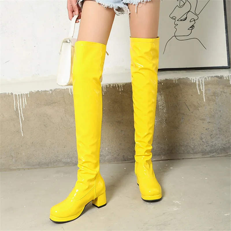 Fashion lady Patent leather Round Toe Long Boots Women black  white Leather Knee High Botas Mujer Winter Warm Party Boots Woman