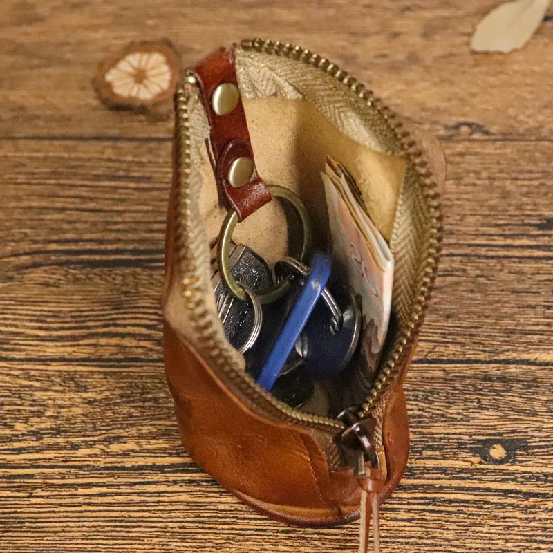 Vintage Handmade Leather Key Case Male Vegetable Tanned Leather Waist Padlock Key Case New Personalized Bucket Small Coin Purse