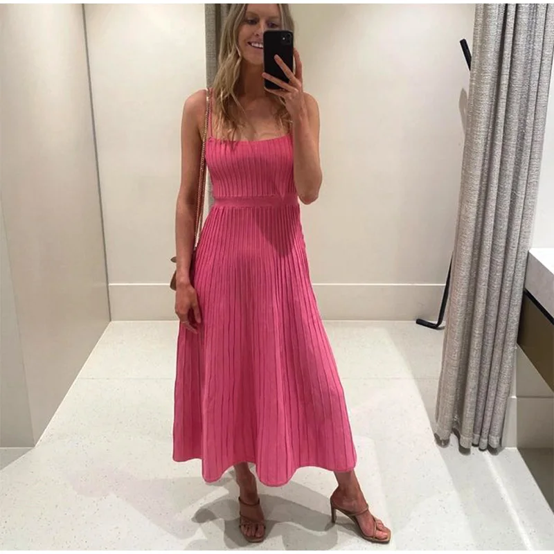 Solid Knitted Slash Neck High Waist Suspender Dress Elegant Women's Backless Midi Sling Dresses 2023 Summer Chic Female Vestidos