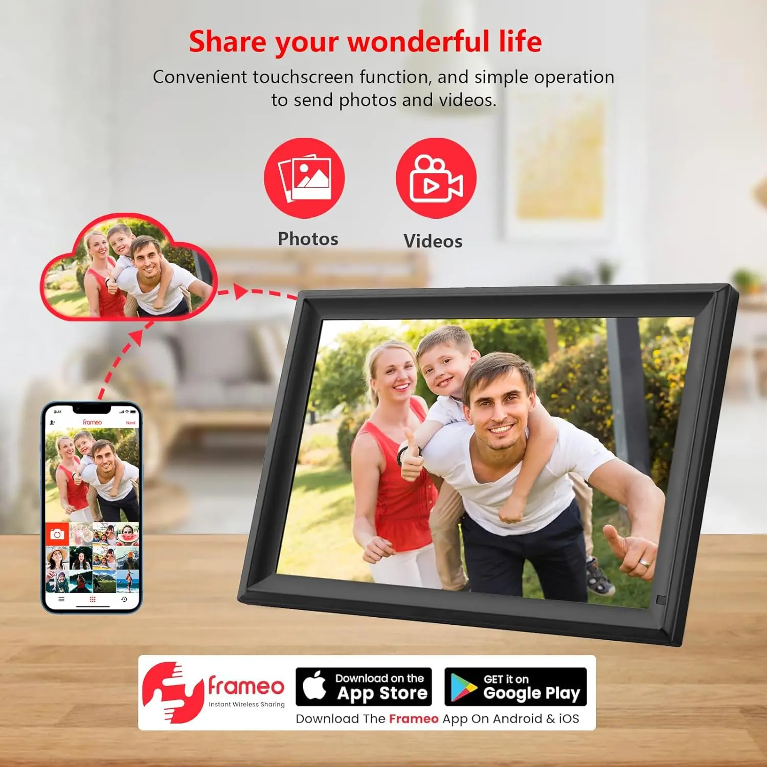 FRAMEO WiFi Digital Picture Frame 32GB Smart 15.6 Inch Digital Photo Frame FHD IPS Touch Screen,Wall-Mounted, Auto-Rotate Easy S