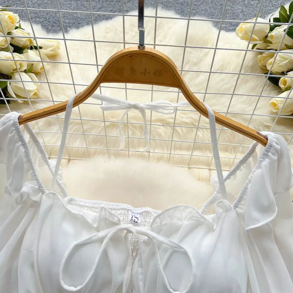 White Blouses Women Aesthetic Solid All-match Vintage Casual Ladies Tops Slim Schoolgirls Spring Bandage Lantern Sleeve Clothing