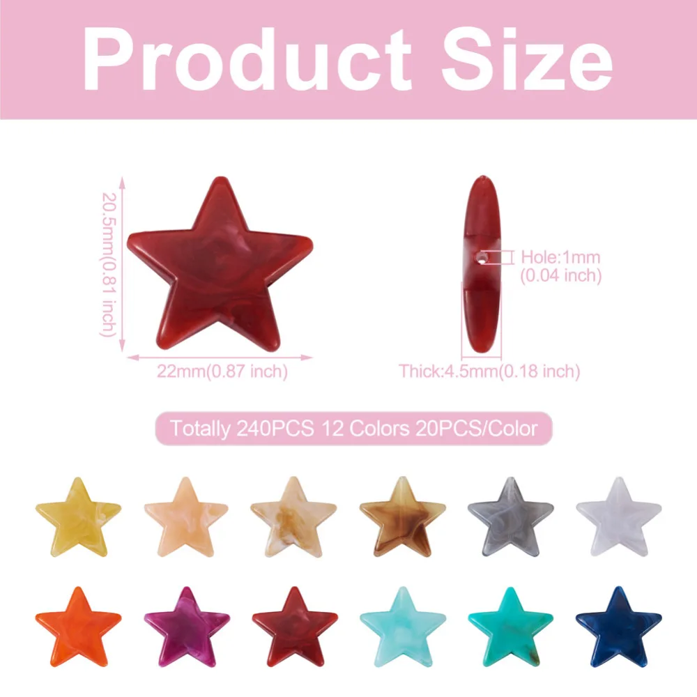 240Pcs 12 Colors Imitation Natural Stone Acrylic Beads Star Loose Spacer Charm Bead For Bracelet Necklace Jewelry DIY Accessory