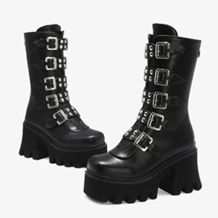 European and American New Black High-tube PU Artificial Thick-soled short Boots Back Zipper Large Size Stage Women's Boots